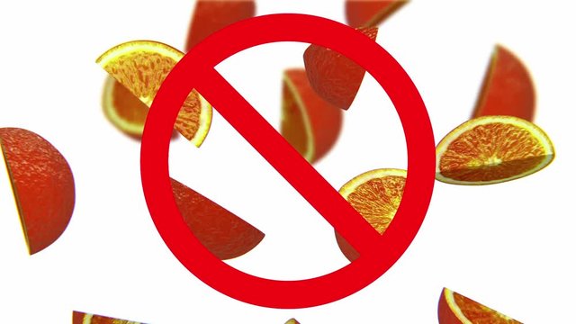 Dangerous harmful oranges in prohibition sign, 3d animation on white background.
