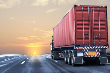Truck on highway road with red  container, transportation concept.,import,export logistic...