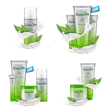 Cosmetic set with white splash and green tea leaves. Vector 3d illustration template. Mockup for web, magazine or ads
