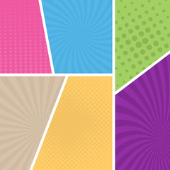Colorful comic book page background in pop art style. Empty template with rays and dots pattern. Vector illustration
