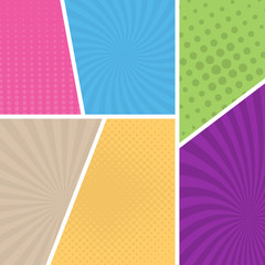 Colorful comic book page background in pop art style. Empty template with rays and dots pattern. Vector illustration
