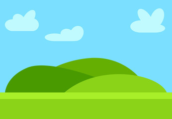 Fototapeta na wymiar Natural cartoon landscape in the flat style with green hills, blue sky and clouds at sunny day. Vector illustration 