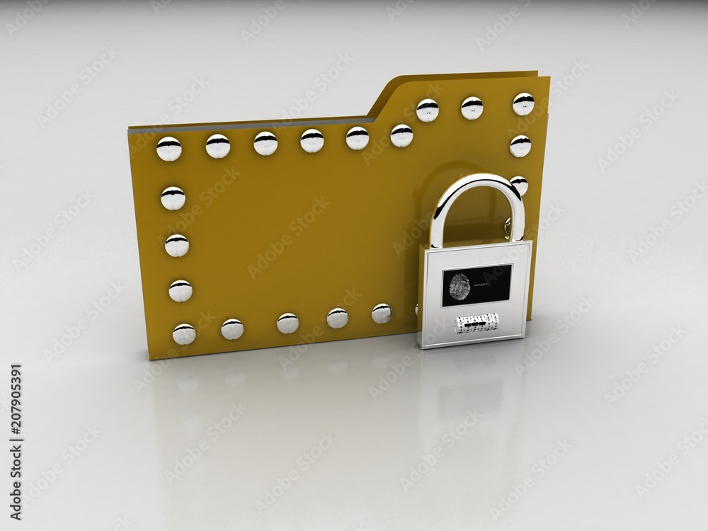 Poster yellow folder and lock. data security concept. 3d rendering