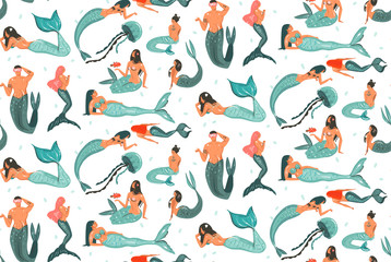 Obraz premium Ręcznie rysowane wektor streszczenie kreskówka lato czas ilustracje graficzne bez szwu kolekcja wzór z piękna syrenka podwodne pływanie dziewcząt i chłopców na białym tle