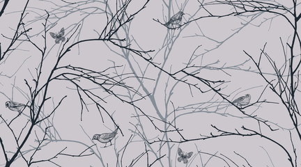 Seamless pattern with forest birds and tree branches.