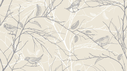 Seamless pattern with forest birds and tree branches.
