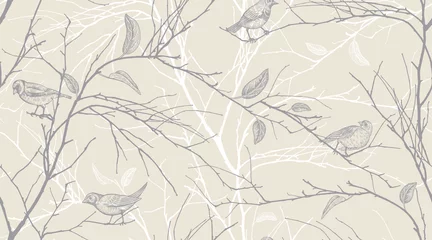 Wallpaper murals Forest animals Seamless pattern with forest birds and tree branches.