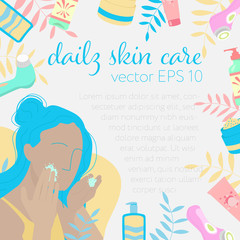 Fototapeta premium Flat vector illustration of a woman. Daily skin care. Skin care products.