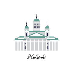 Finnish travel cartoon vector landmark, flat building, Lutheran Cathedral of Helsinki, Finland, illustration isolated on white background, travel decorative scandinavian icon for design advertising