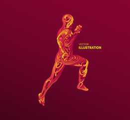 Obraz na płótnie Canvas Running man. Emblem for marathon and jogging. 3d model of man. Vector Illustration. Wire connection to virtual reality.