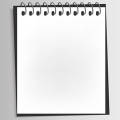 Realistic spiral blank notebook with back cover was opened on white deaktop with copy space,empty pages.