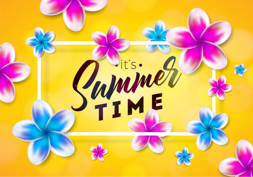 Its Summer Time illustration with flower on sun yellow background. Tropical Holiday typographic design template for banner, flyer, invitation, brochure, poster or greeting card.