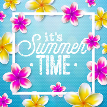 Its Summer Time illustration with flower on blue background. Tropical Holiday typographic design template for banner, flyer, invitation, brochure, poster or greeting card.