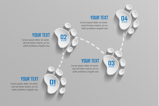 Business infographic design 4 steps with 3D animal footprints.