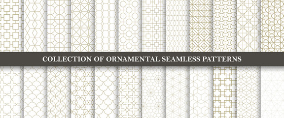 Collection of seamless ornamental vector patterns. Grid geometric oriental design.