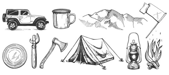 Camping hand drawn stickers set