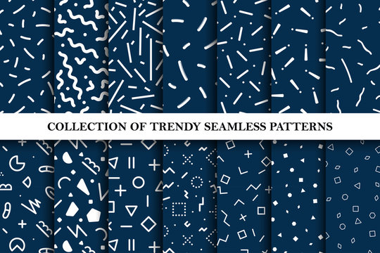 Collection of memphis seamless vector patterns. Fashion design 80-90s.