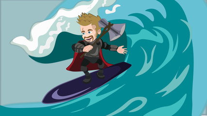 Superhero viking with magic axe sliding on sea wave