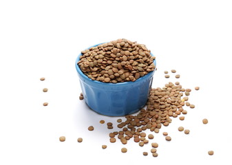 Pile of green lentils in blue porcelain bowl isolated on white background
