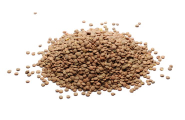 Pile of green lentils isolated on white background