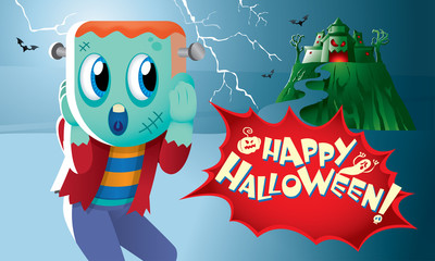 A cute monster with a haunted castle.