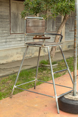 Old wooden chairs Steel frame for sport.