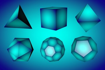 Geometric figures tetrahedron, hexahedron, octahedron, icosahedron, dodecahedron and truncated icosahedron on blue background. Platonic solids