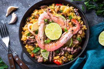 Seafood paella. Traditional spanish dish, top view.
