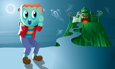 A cute monster with a haunted castle.