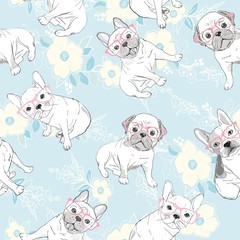 Fototapeta premium Vector seamless pattern with cute cartoon dog puppies. Can be used as a background, wallpaper, fabric and for other design.French Bulldog pattern