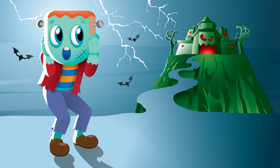 A cute monster with a haunted castle.