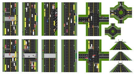 Road Infographic. Set of Sites of roads, highways, streets. Cars public transport. Top view of the highway. Circular motion, intersections. illustration