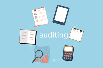 Accounting, taxes, audit, calculation, data analysis, reporting concepts. illustration flat design.
