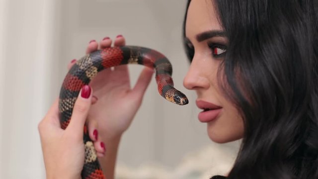 Portrait of a sexy brunette with a professional make-up with a snake in her hands, close-up. Young, beautiful, sensual woman with snake on her arms.