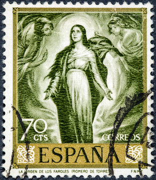 stamp printed by Spain, shows The Virgin of the lanterns by Romero de Torres