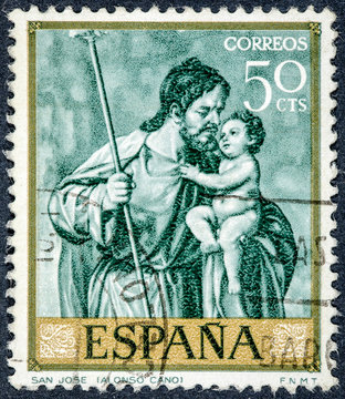 stamp printed by Spain, shows Saint Joseph by Alonso Cano
