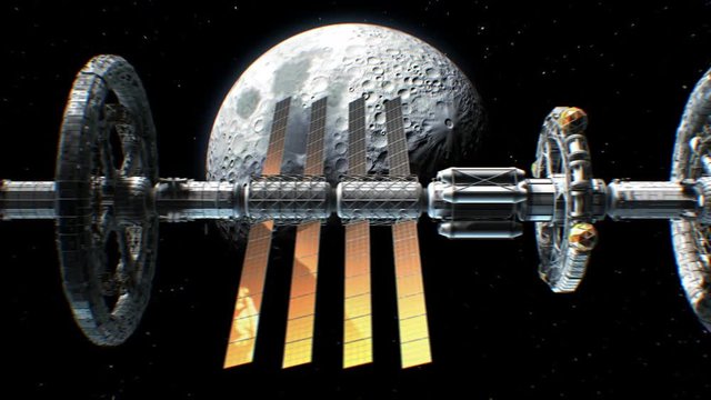 Side view of a giant sci-fi interplanetary spaceship flying on Moon background, 3d animation. Lunar texture was created in graphic editor without photos.