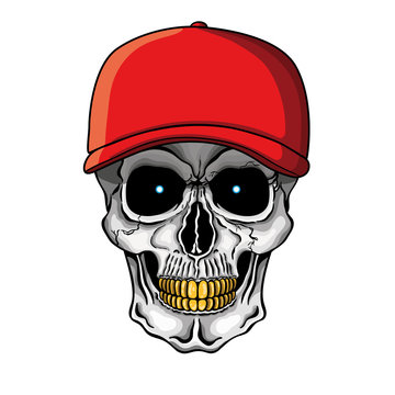 Vector illustration of human skull with golden teeth and baseball cap