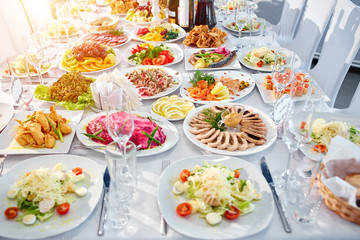 Table with food and drinks in a restaurant