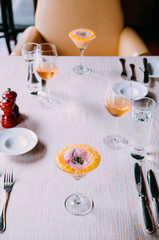 Molecular gastronomy creativity modern cuisine, foam soup in glass