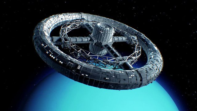 Circular space station. Giant sci-fi torus rotate on Uranus background, 3d animation.