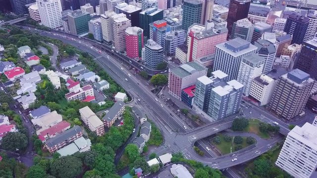 Aerial view of traffic heading into Wellington city CDB, early morning commuters.
