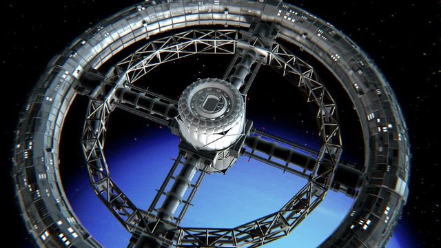 Giant sci-fi torus. Circular space station rotate on Neptune background, 3d animation. Texture of the Planet was created in the graphic editor without photos and other images.