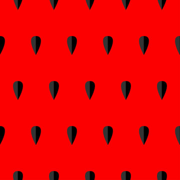 Watermelon slice cut with black seeds in a row. Macro closeup. Summer Seamless Pattern Red background. Flat design.
