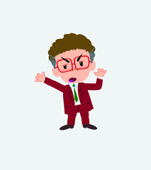 Businessman with glasses argues something with a gesture of discontent.