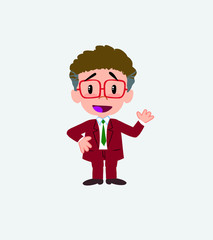 Businessman with glasses waving, happy.