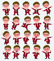 Cartoon character businessman with glasses. Set with different postures, attitudes and poses, always in negative attitude, doing different activities in vector vector illustrations.