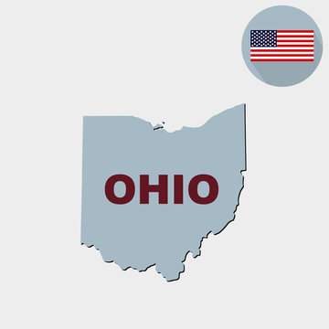 Map of the U.S. state of Ohio on a grey background. American flag, state name