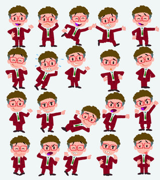 Cartoon character businessman with glasses. Set with different postures, attitudes and poses, always in negative attitude, doing different activities in vector vector illustrations.