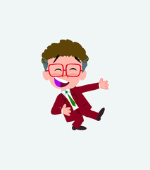 Businessman with glasses laughing while teaching something to his left. 